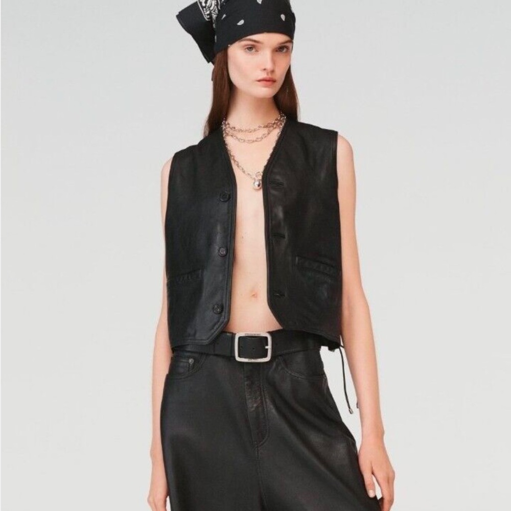 Zara Steven Meisel 100% Leather V-Neck Waistcoat Black